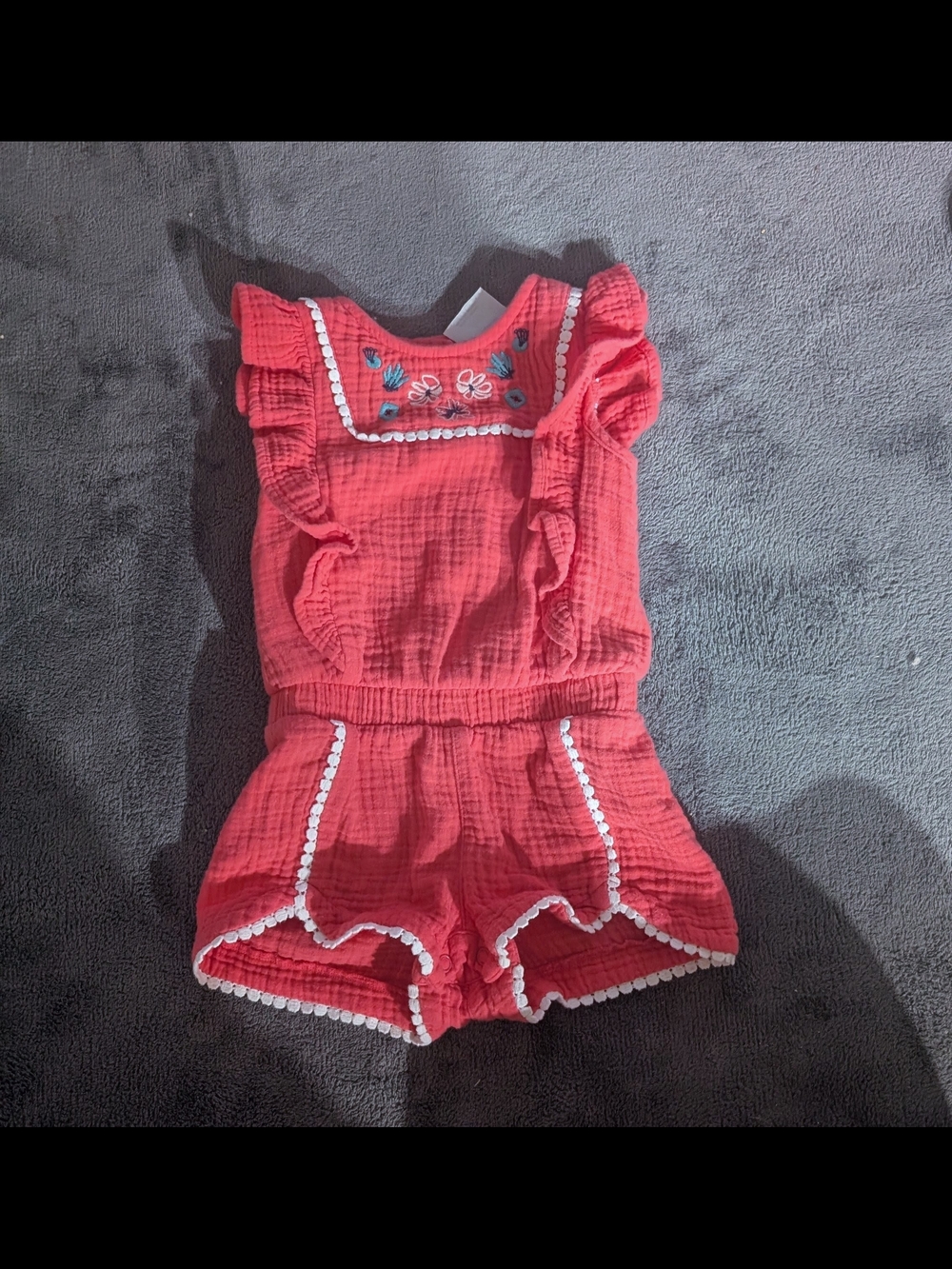 Genuine Kid From OshKosh Coral Romper with Embroidered Yoke